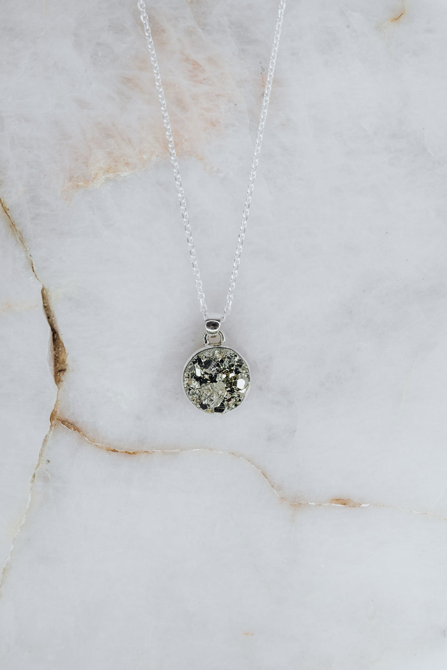 Pyrite round silver necklace