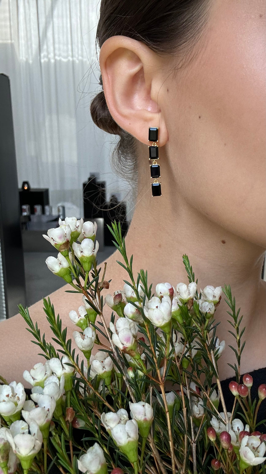 Black onyx 4 stone rectangular earrings
