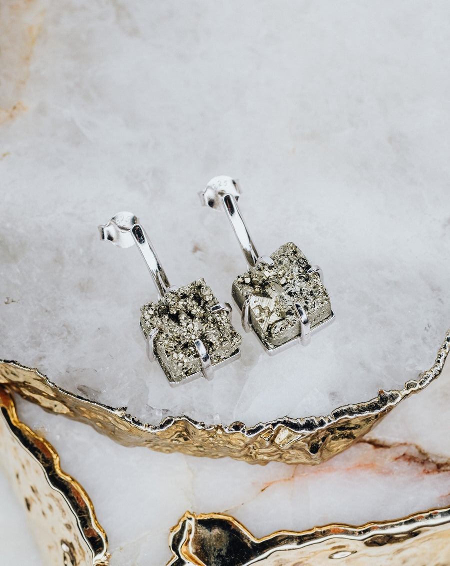 Pyrite square silver earrings
