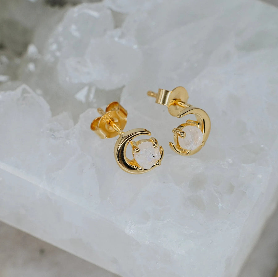 Boucles d'oreilles lune en pierre de lune 18K