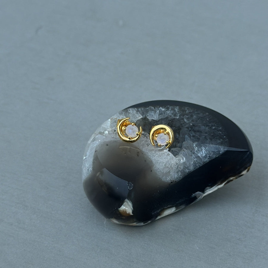 Boucles d'oreilles lune en pierre de lune 18K