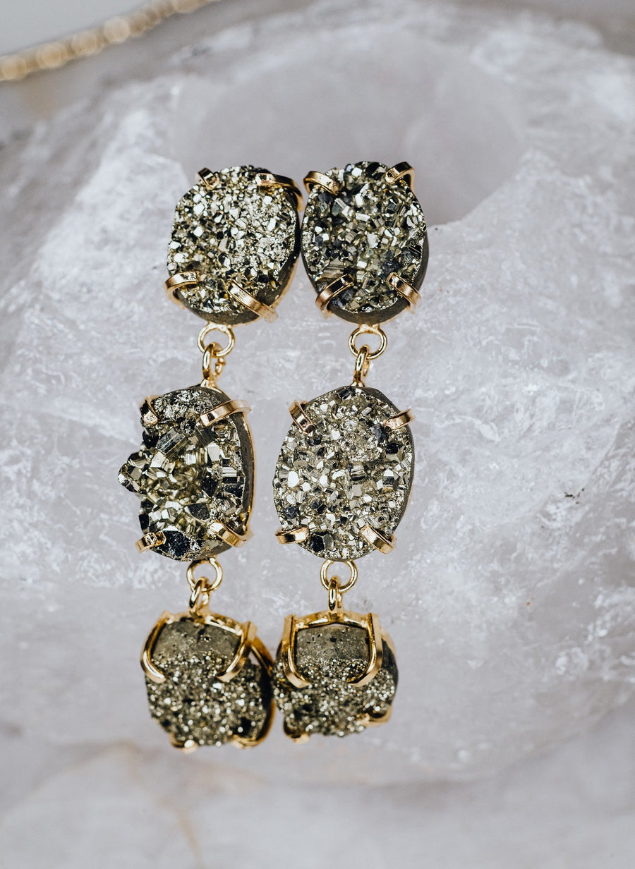 Boucles d’oreilles triples en pyrite plaquées or