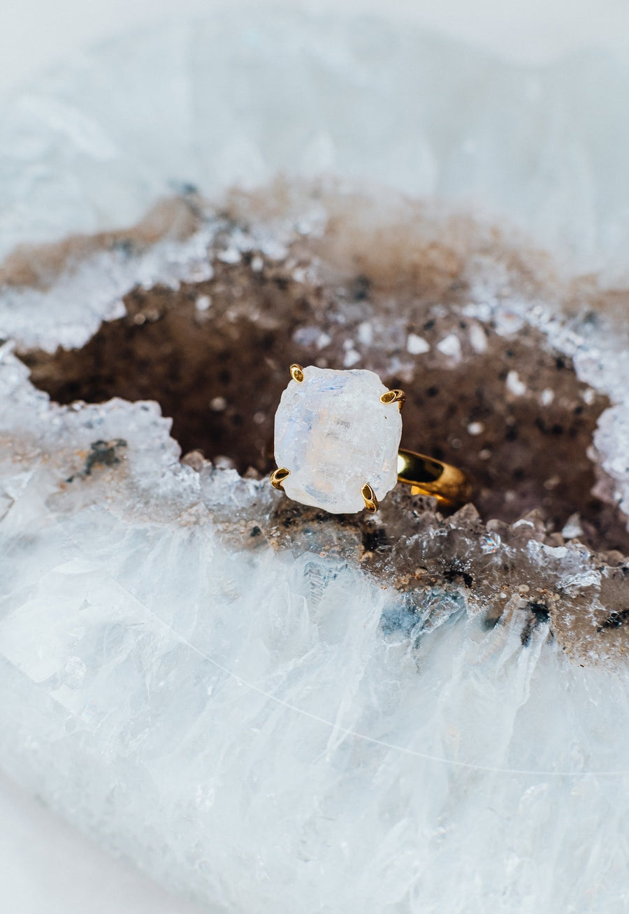 Moonstone adjustable raw silver ring