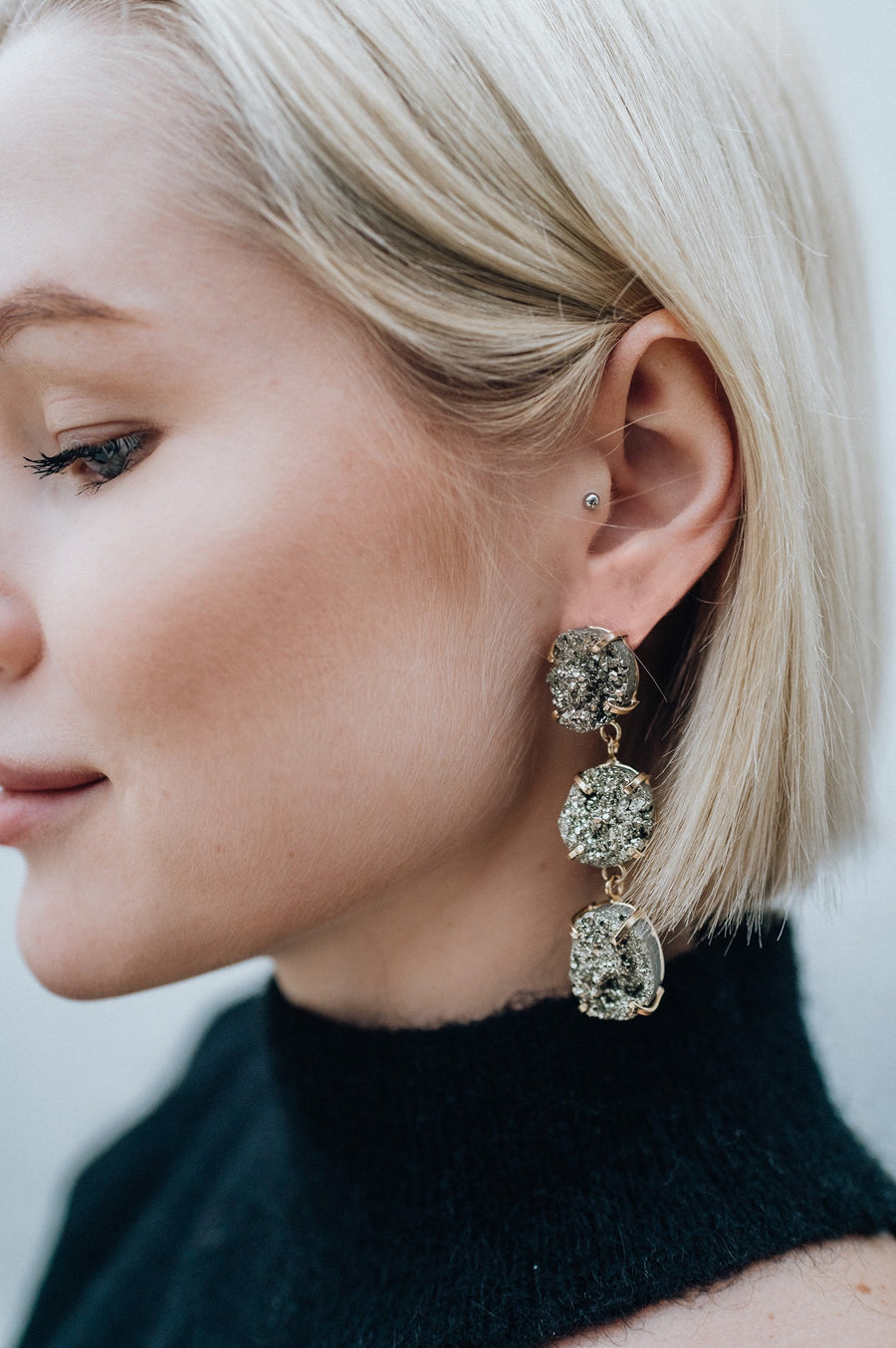 Boucles d’oreilles triples en pyrite plaquées or