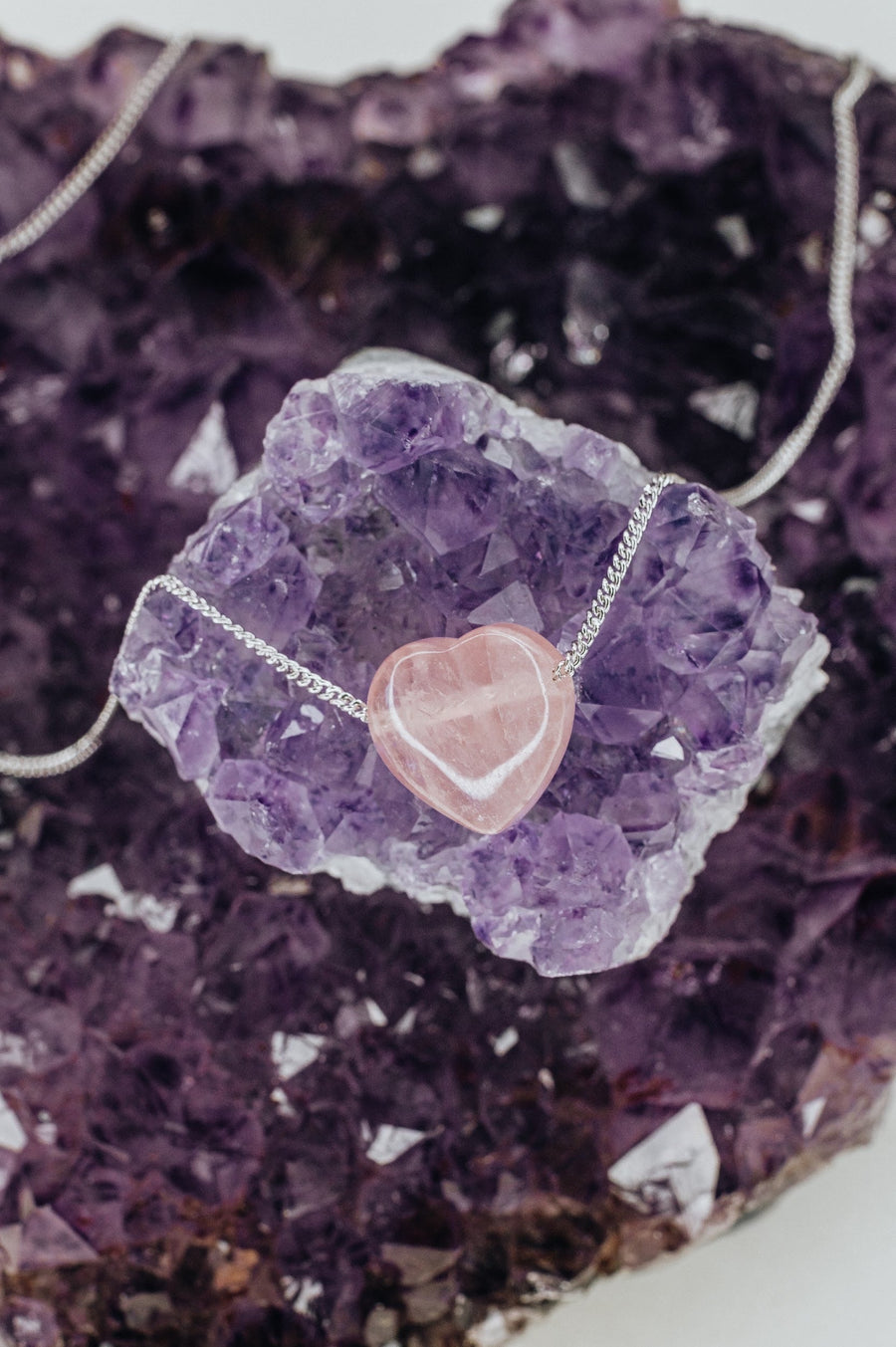 Rose quartz silver heart necklace snake chain