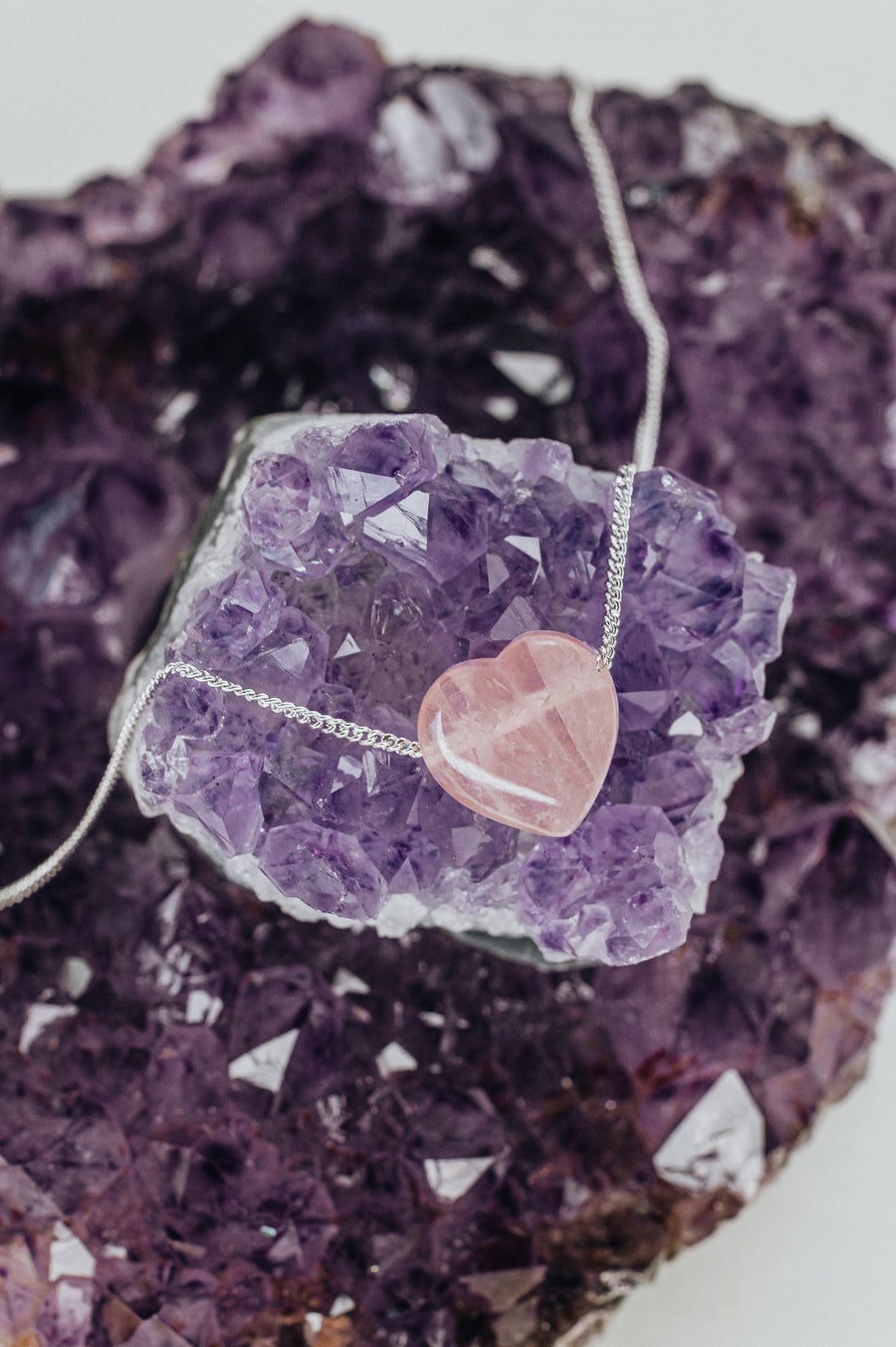 Rose quartz silver heart necklace snake chain