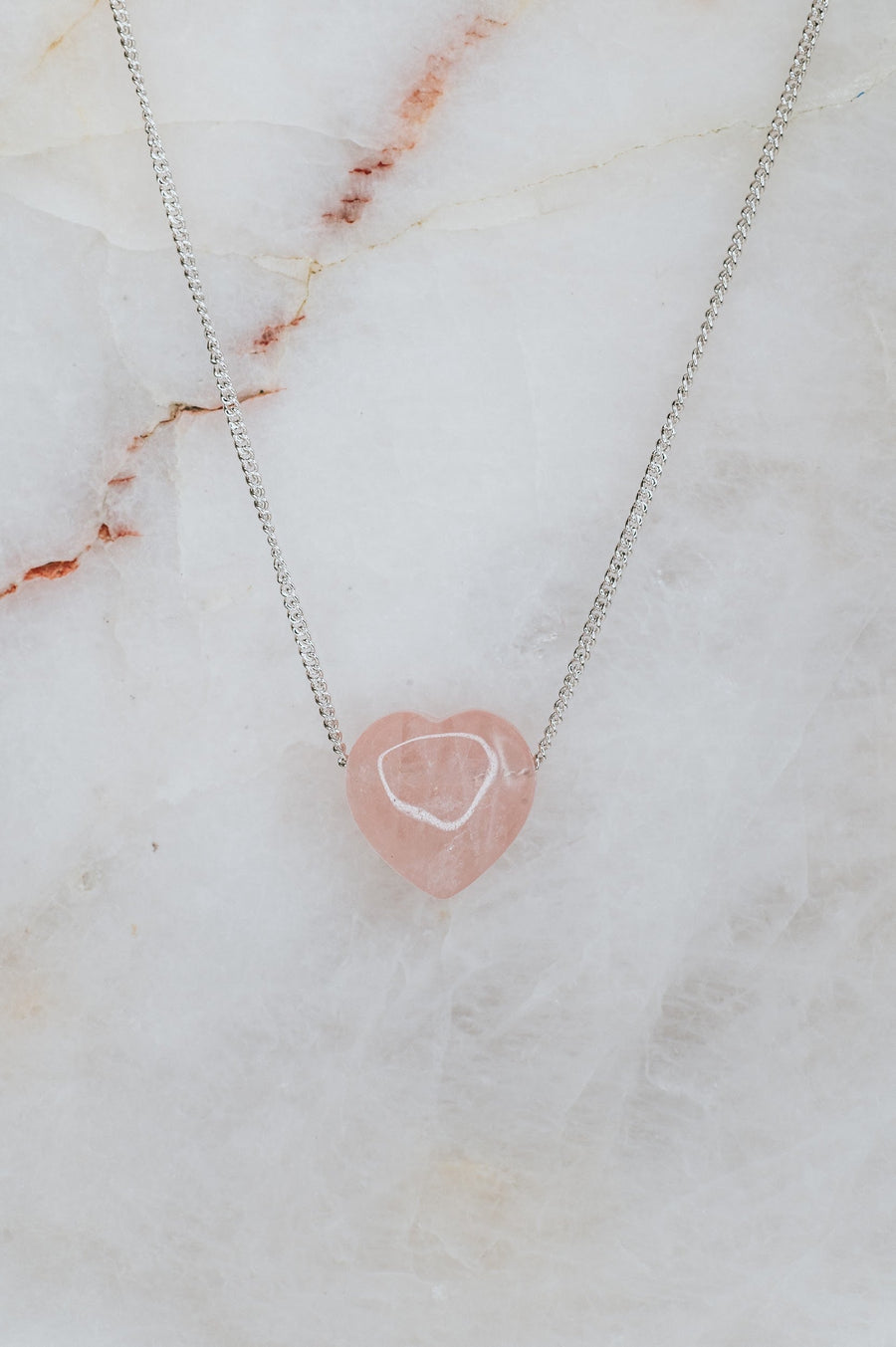 Rose quartz silver heart necklace snake chain