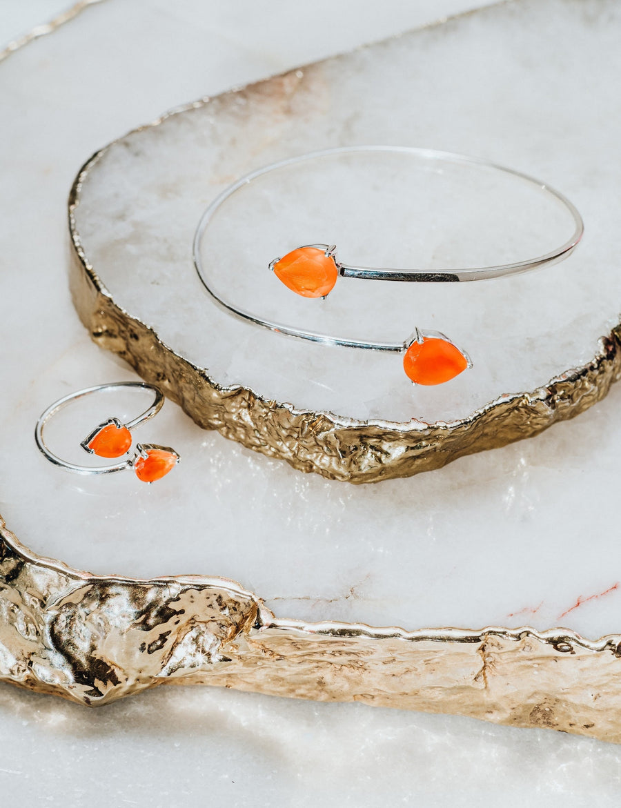 Teardrop carnelian silver double ring