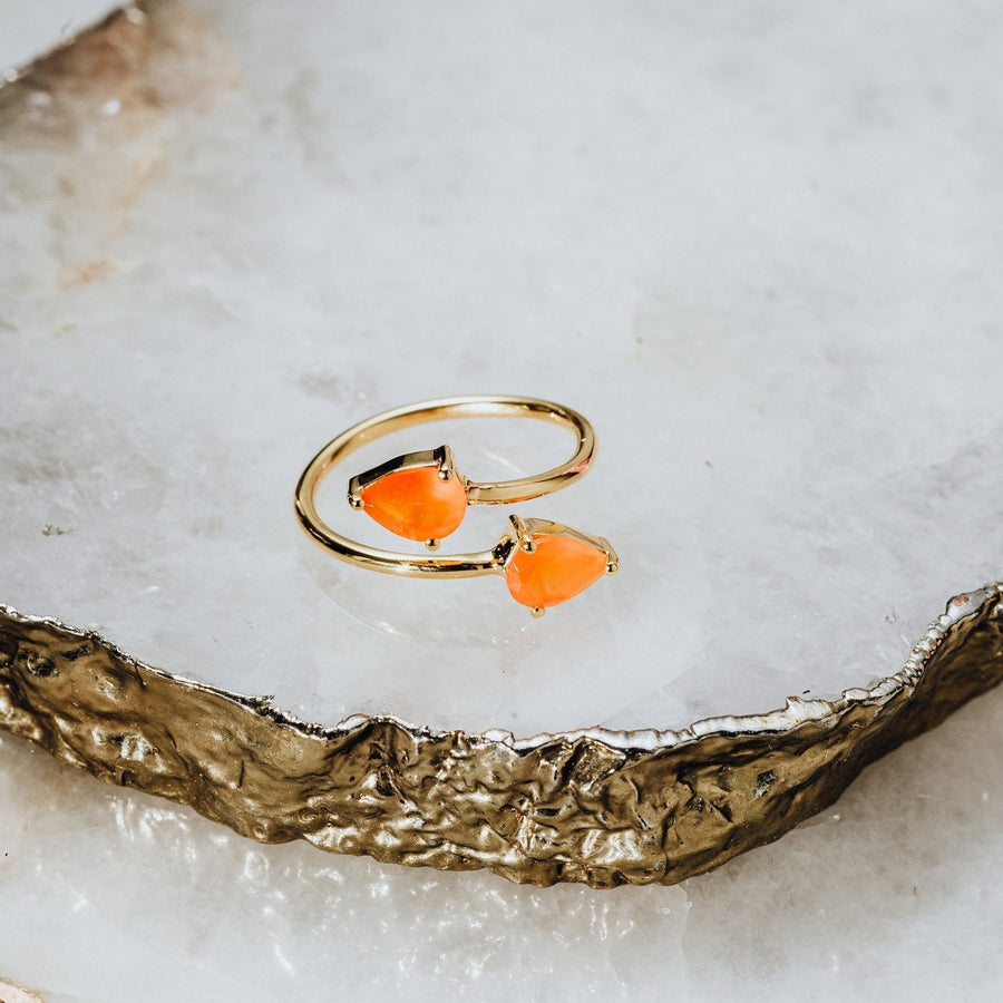 Teardrop carnelian double ring 18K gold plated
