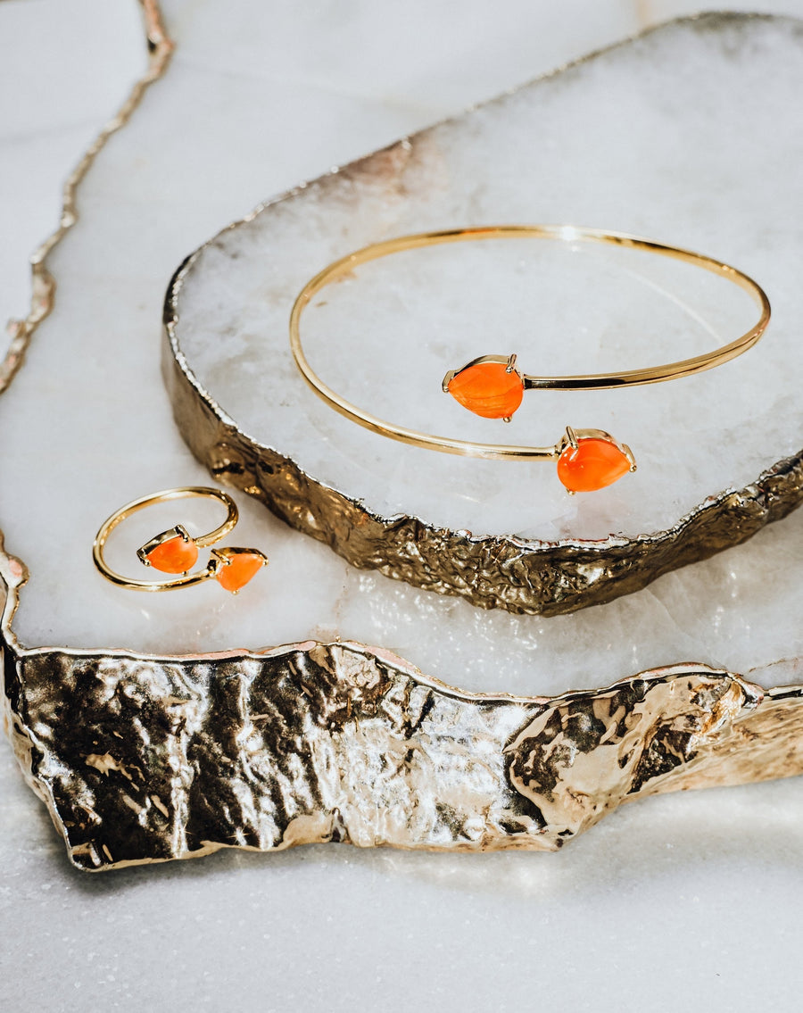Teardrop carnelian double ring 18K gold plated