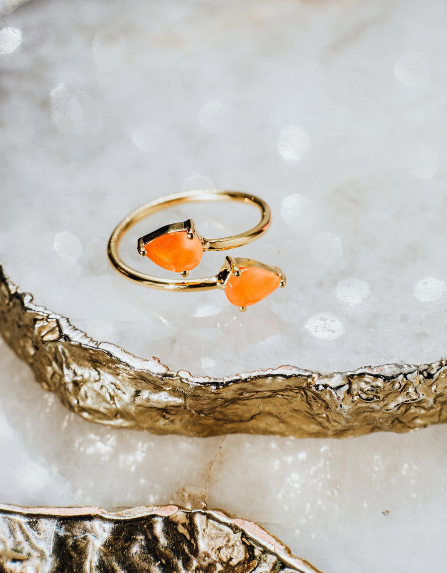 Teardrop carnelian double ring 18K gold plated