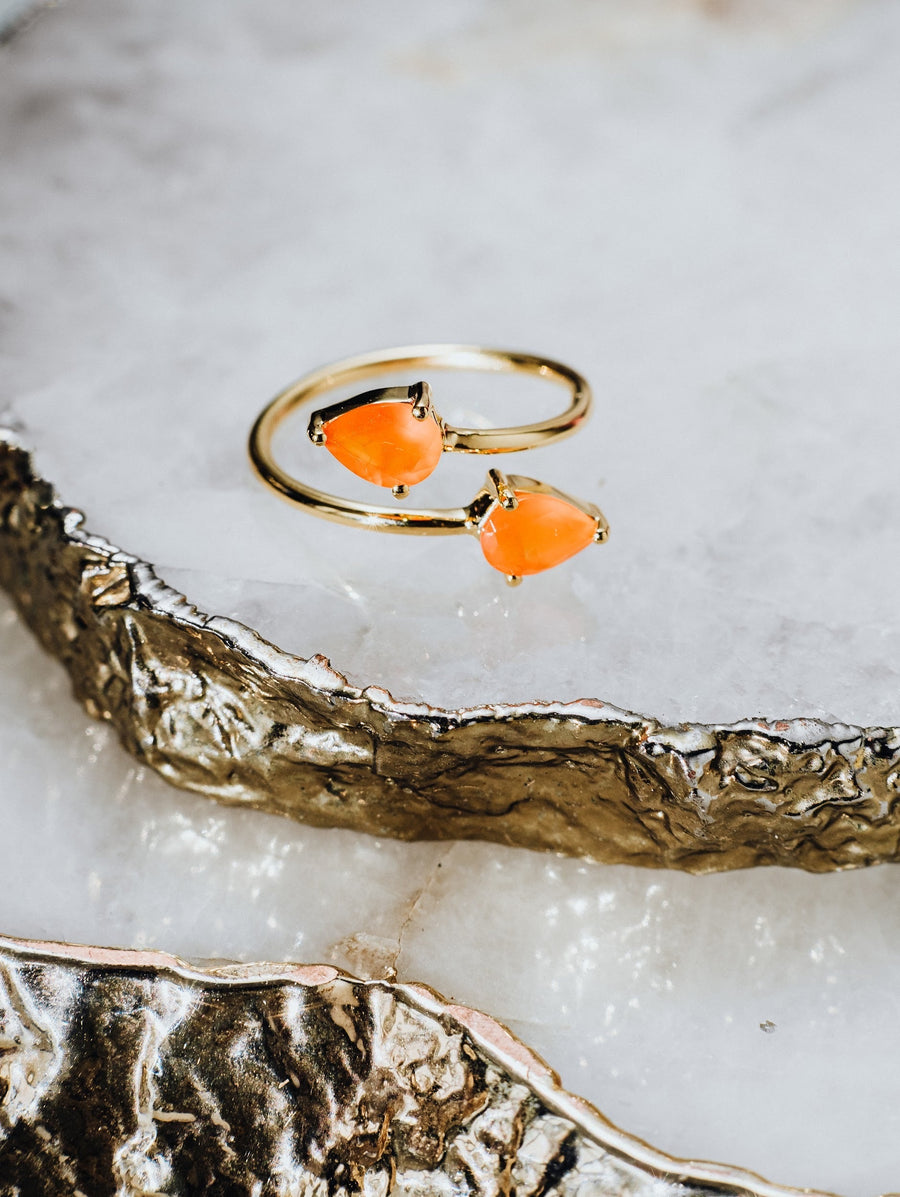 Teardrop carnelian double ring 18K gold plated