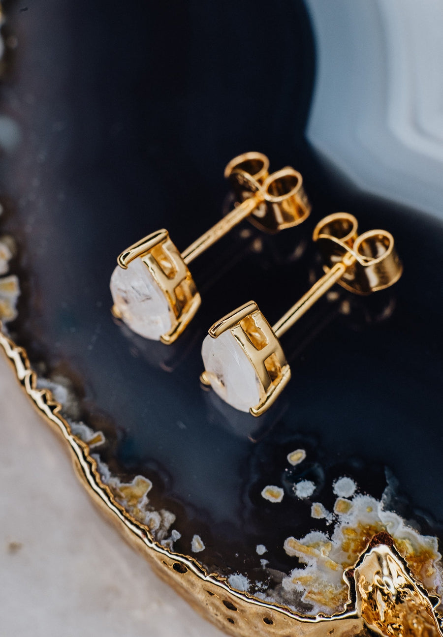 Teardrop moonstone gold stud earrings