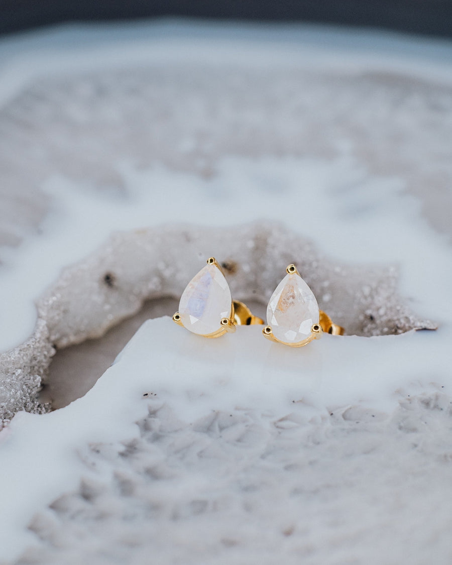 Teardrop moonstone gold stud earrings