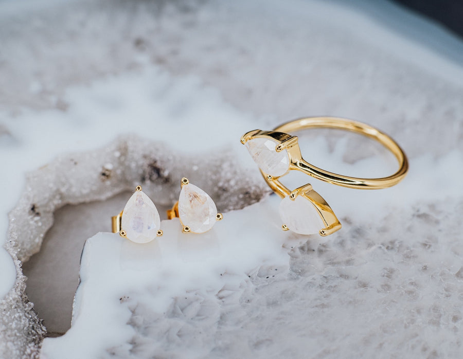 Teardrop moonstone double ring gold plated