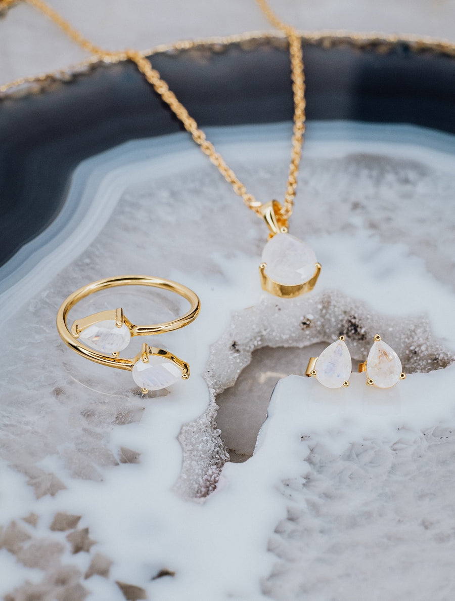Teardrop moonstone double ring gold plated