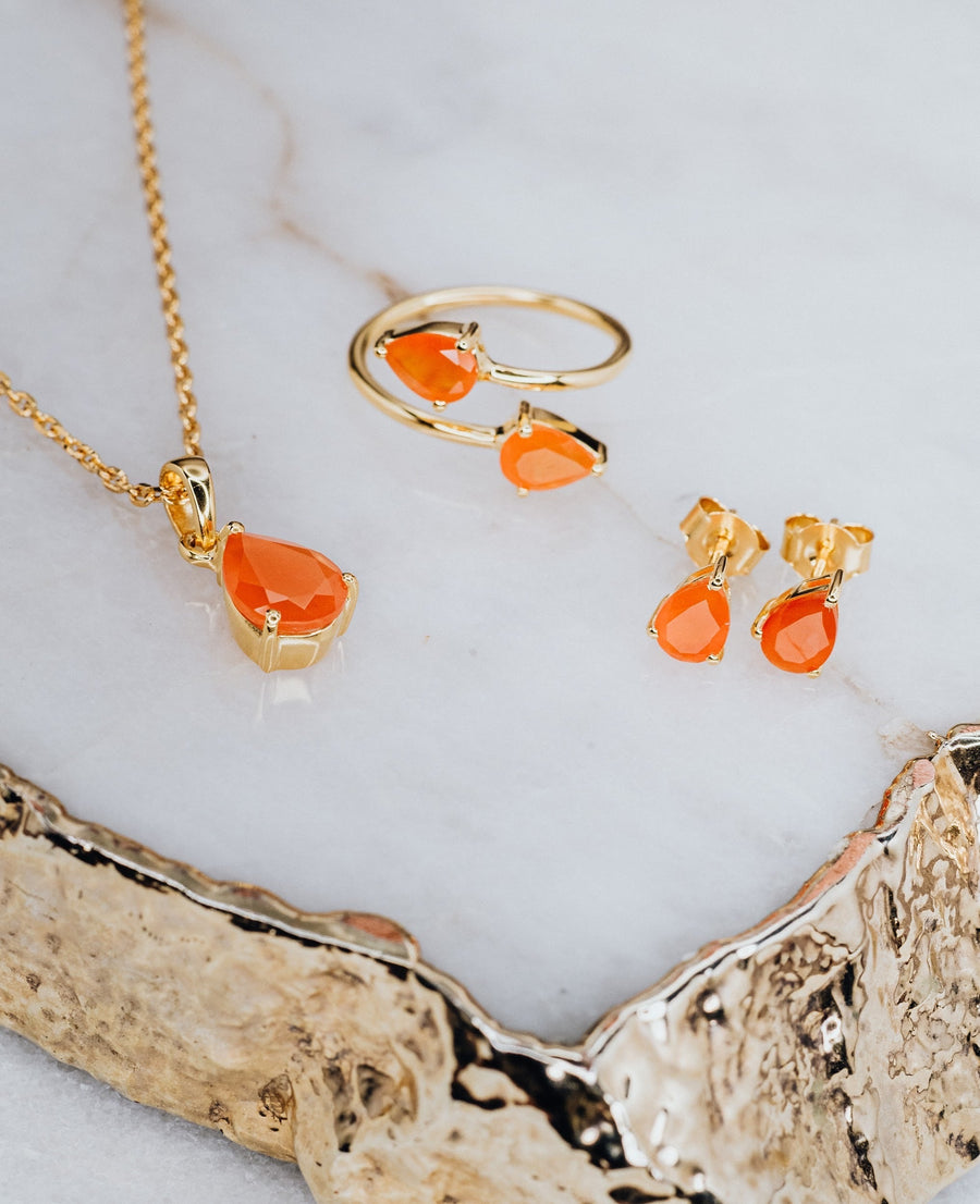 Teardrop carnelian double ring 18K gold plated