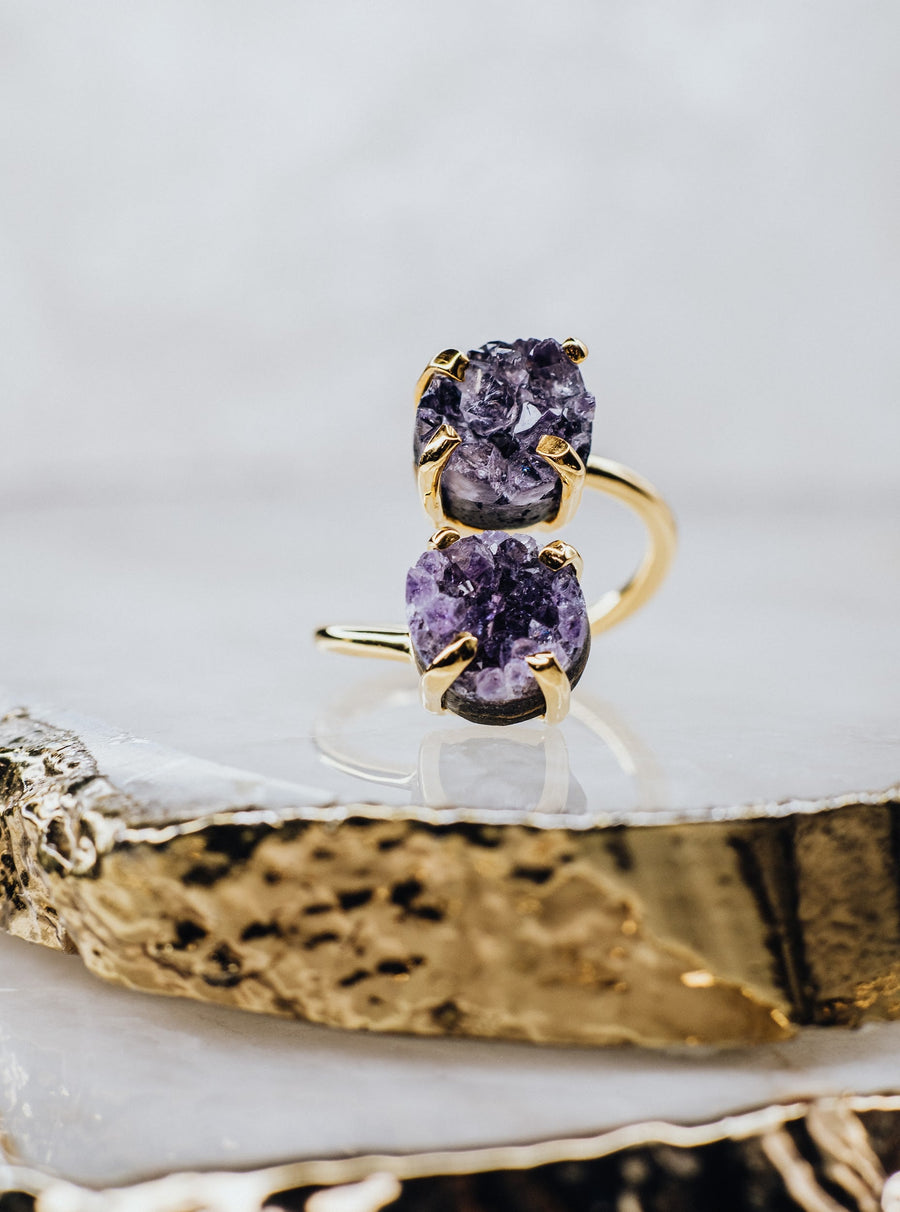 Bague double en améthyste plaquée or 18K