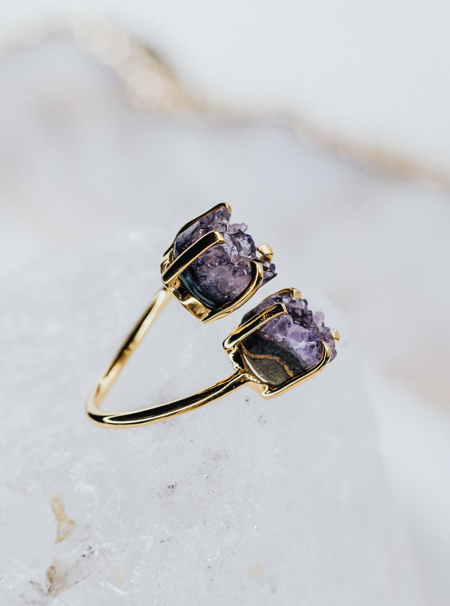 Bague double en améthyste plaquée or 18K