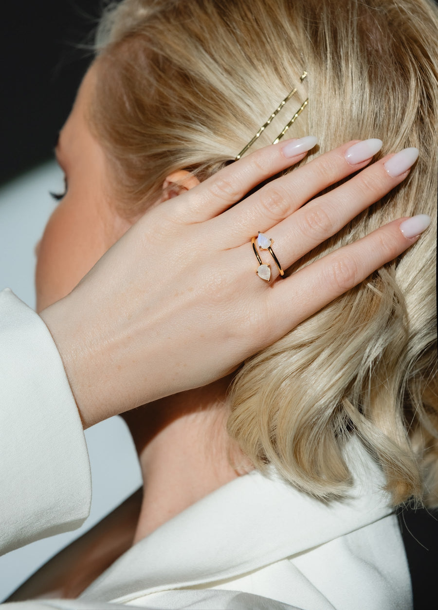 Teardrop moonstone double ring gold plated