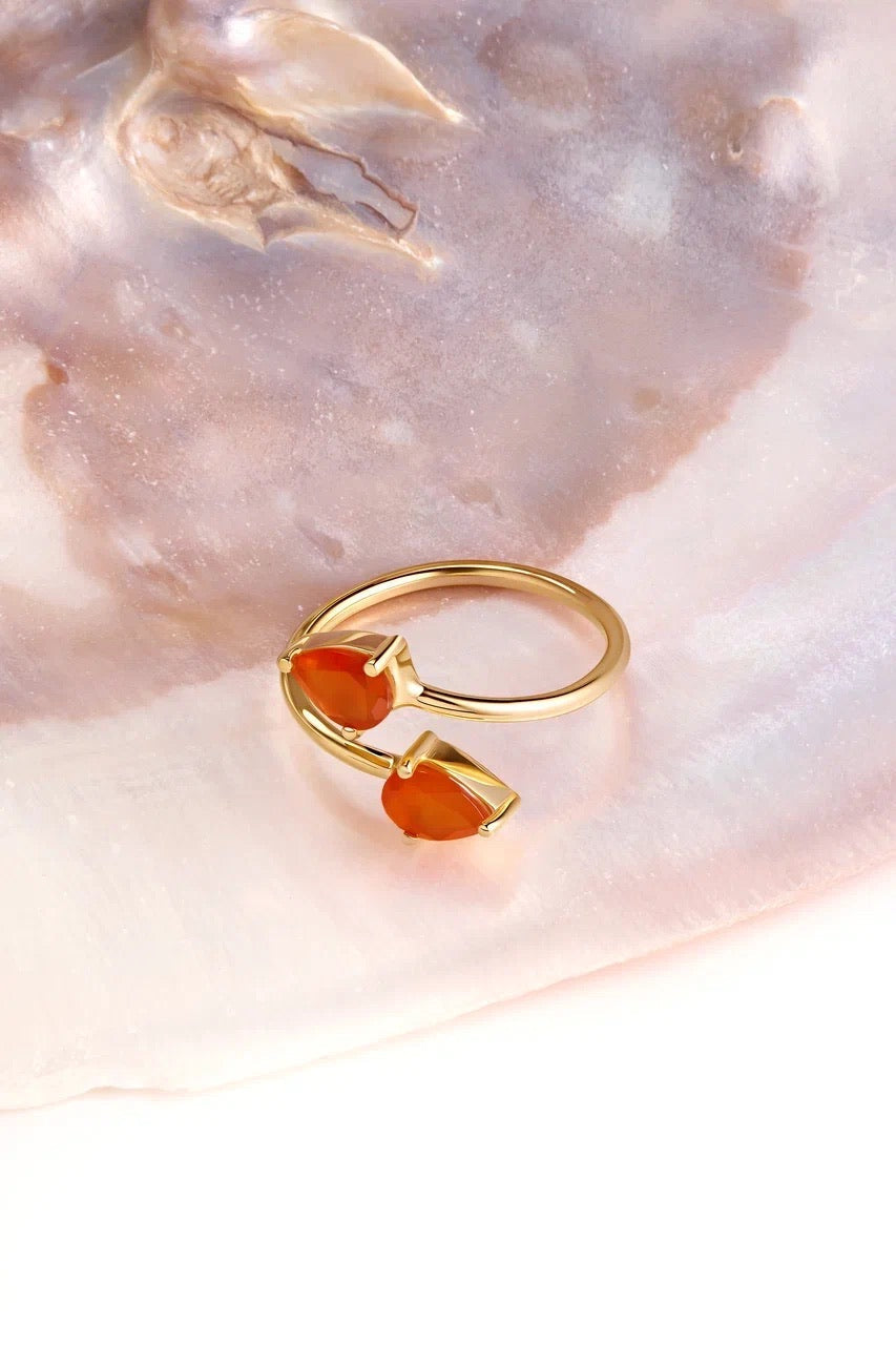 Teardrop carnelian double ring 18K gold plated