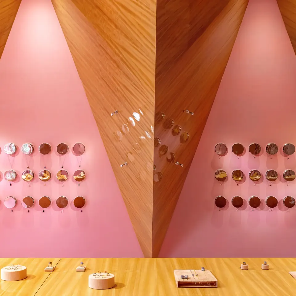 Ringe an den rosa Wänden der Lindeza-Boutique